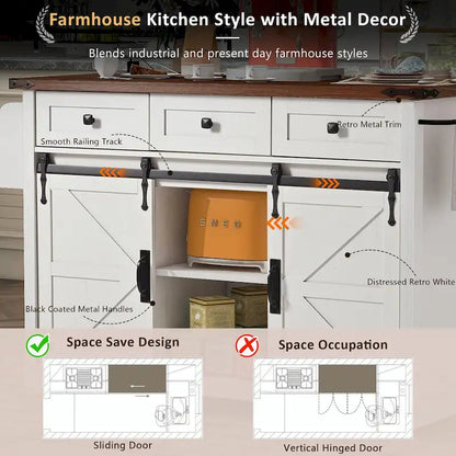 53.5 Farmhouse Kitchen Island with Power Outlet, Drop Leaf, Spice Rack, Drawer, and Wheels