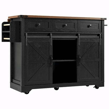 53.5 Farmhouse Kitchen Island with Power Outlet, Drop Leaf, Spice Rack, Drawer, and Wheels
