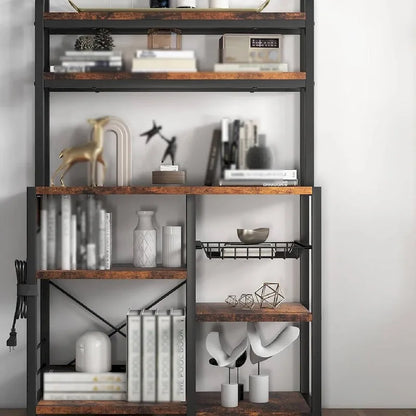 Kitchen Bakers Rack with Power Outlet, Wire Basket