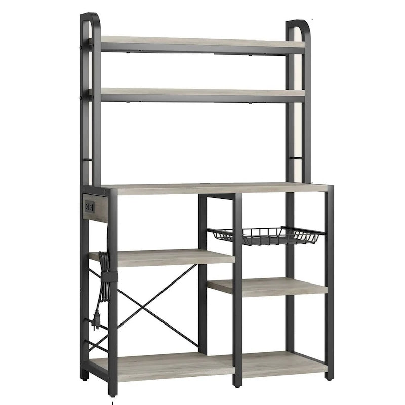 Kitchen Bakers Rack with Power Outlet, Wire Basket