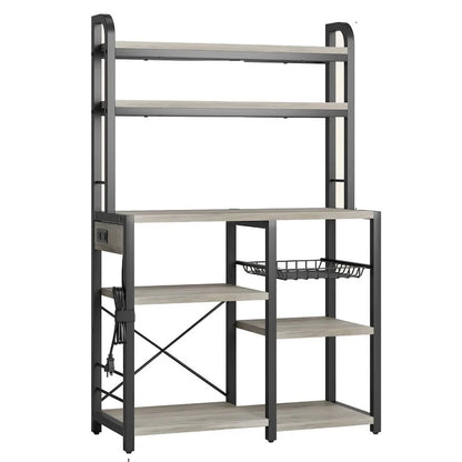 Kitchen Bakers Rack with Power Outlet, Wire Basket