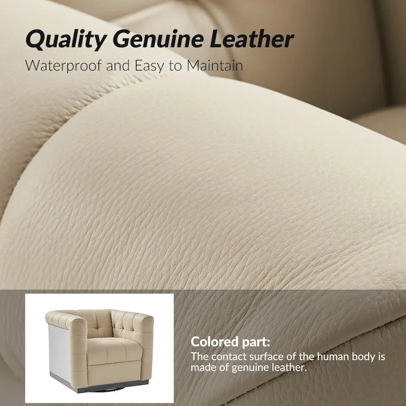 JeremiasMid-certury Modern GenuineLeatherTufted SwivelClubChair with Wooden Apron by HULALA HOME