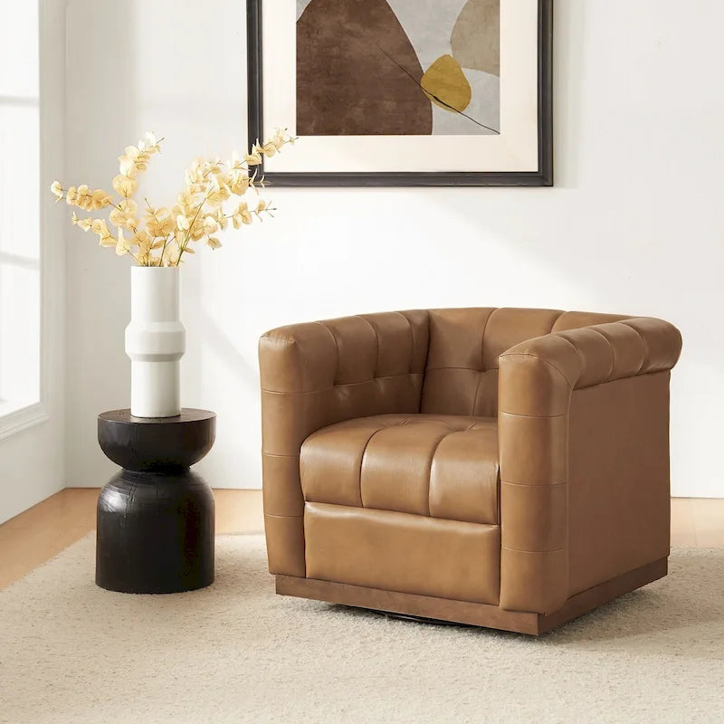 JeremiasMid-certury Modern GenuineLeatherTufted SwivelClubChair with Wooden Apron by HULALA HOME