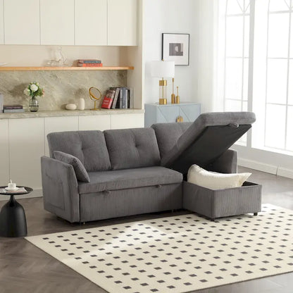 Corduroy/Chenille Upholstered L-Shaped Storage Reversible Chaise Sectional Sofa with Side Pocket