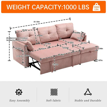Corduroy/Chenille Upholstered L-Shaped Storage Reversible Chaise Sectional Sofa with Side Pocket