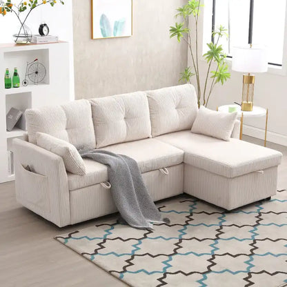Corduroy/Chenille Upholstered L-Shaped Storage Reversible Chaise Sectional Sofa with Side Pocket