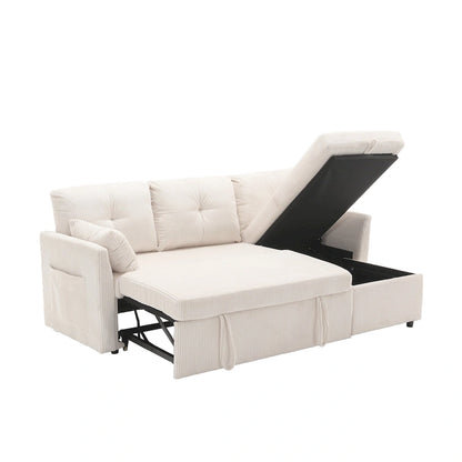 Corduroy/Chenille Upholstered L-Shaped Storage Reversible Chaise Sectional Sofa with Side Pocket