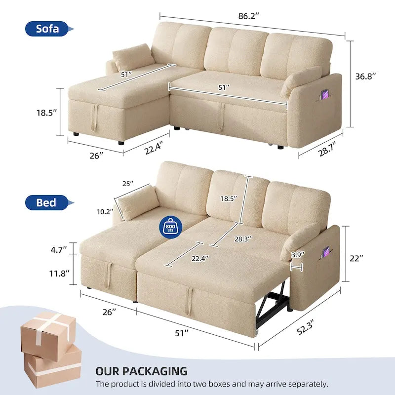 Moasis L-shaped 3-seater Reversible Sectional Sofa Bed Sleeper with Storage and Cushions
