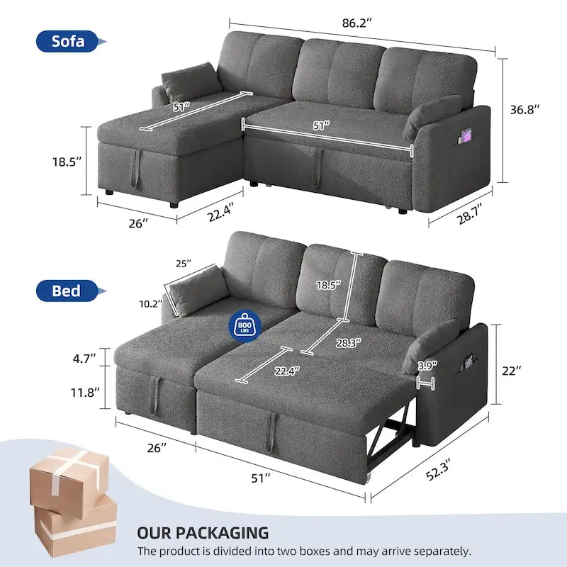 Moasis L-shaped 3-seater Reversible Sectional Sofa Bed Sleeper with Storage and Cushions
