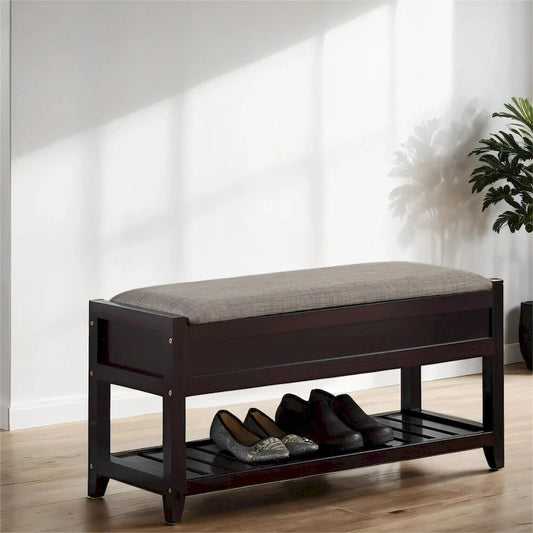 Wood Shoe Storage Bench with Lift-up Seat Cushion