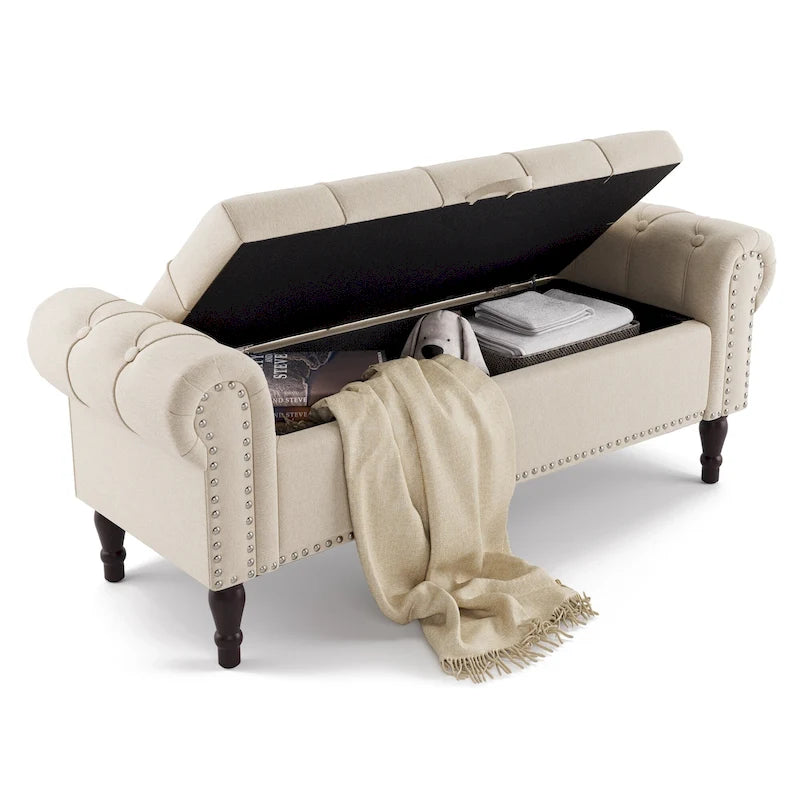 COZYMAN Modern Velvet Upholstered Storage Bench with Silver Nailhead Trim
