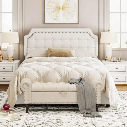COZYMAN Modern Velvet Upholstered Storage Bench with Silver Nailhead Trim