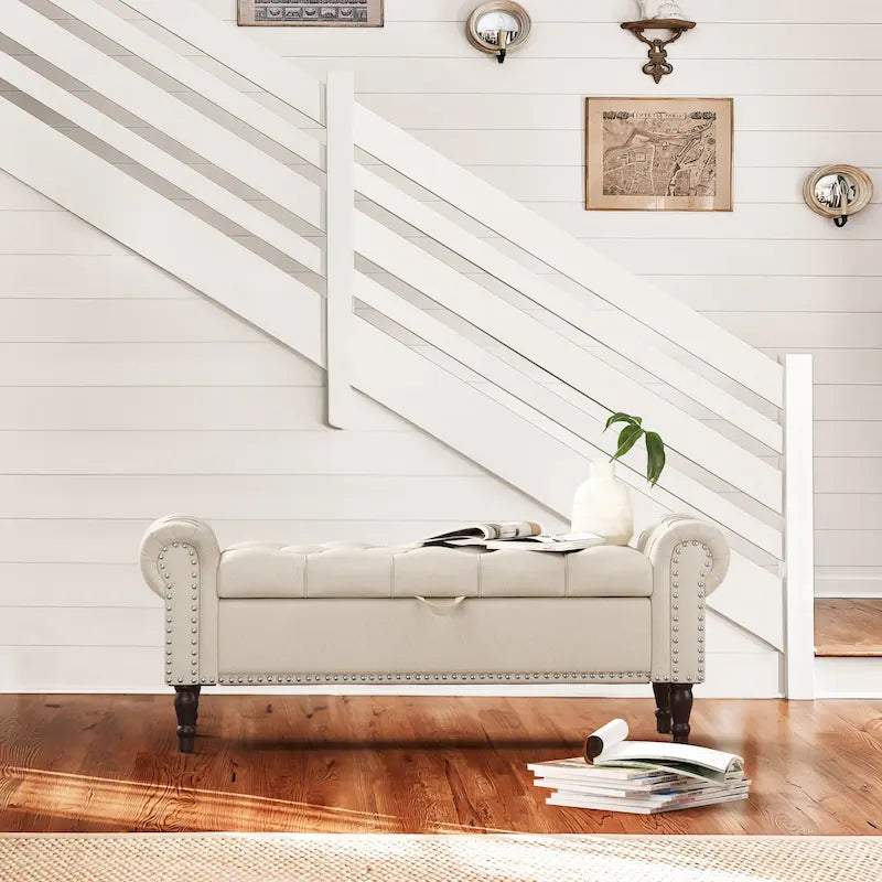 COZYMAN Modern Velvet Upholstered Storage Bench with Silver Nailhead Trim