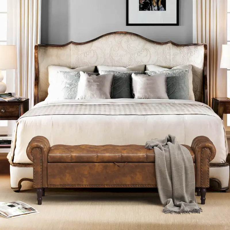 COZYMAN Modern Velvet Upholstered Storage Bench with Silver Nailhead Trim