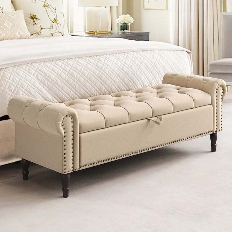 COZYMAN Modern Velvet Upholstered Storage Bench with Silver Nailhead Trim