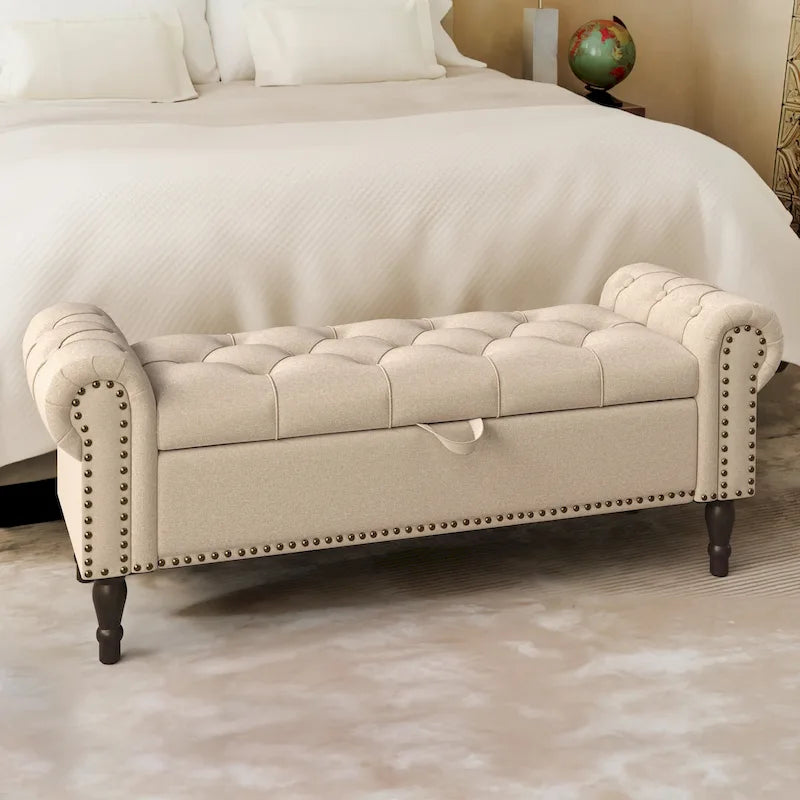 COZYMAN Modern Velvet Upholstered Storage Bench with Silver Nailhead Trim