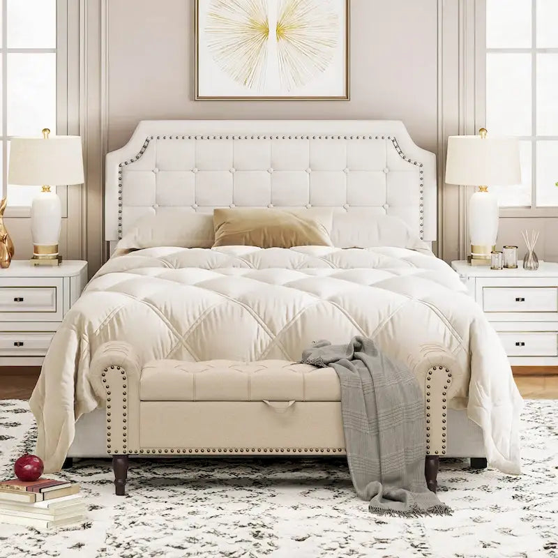 COZYMAN Modern Velvet Upholstered Storage Bench with Silver Nailhead Trim