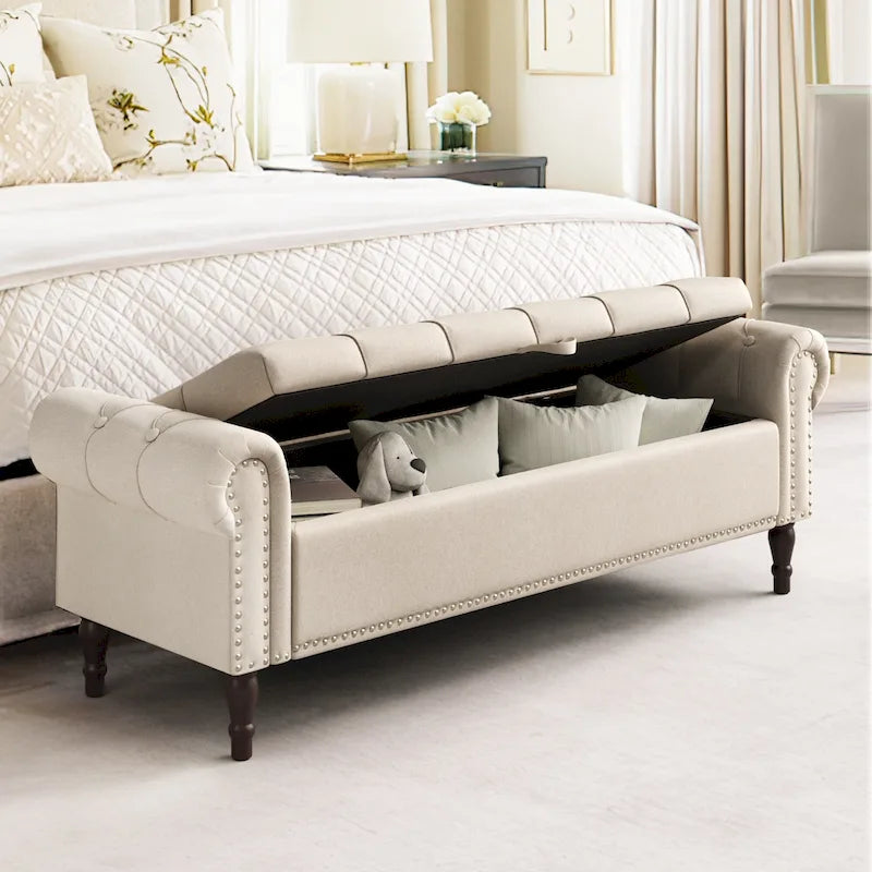 COZYMAN Modern Velvet Upholstered Storage Bench with Silver Nailhead Trim
