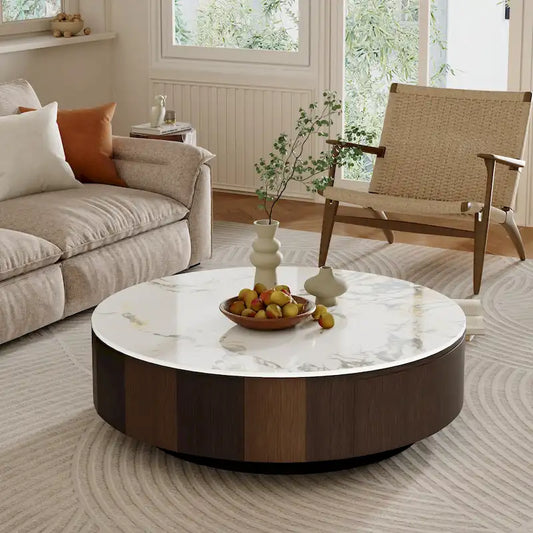 35 Modern Faux Marble Round Coffee Table, White Glossy Sintered Stone Tabletop, Mid Century Table with Solid Wood Drawer