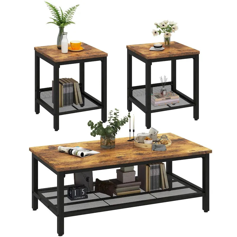 Coffee Table Set of 3, Coffee Table with 2 Square End Side Tables, Living Room Table Set for Home Office