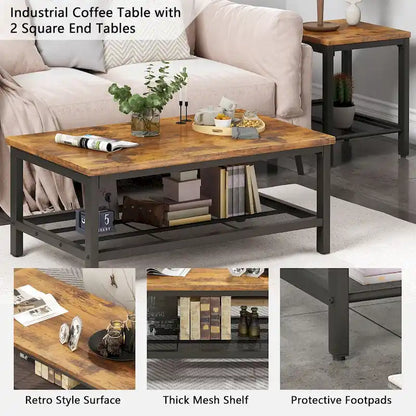 Coffee Table Set of 3, Coffee Table with 2 Square End Side Tables, Living Room Table Set for Home Office