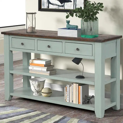 Modern Solid Pine Wood Top Console Table with 3 Drawers and 2 Shelves