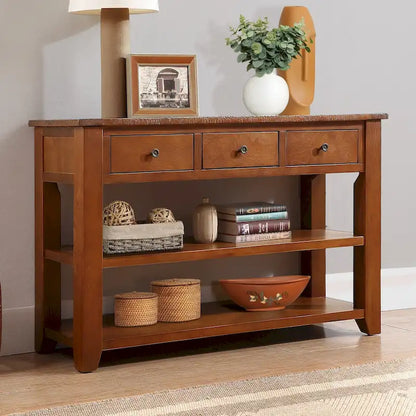 Modern Solid Pine Wood Top Console Table with 3 Drawers and 2 Shelves