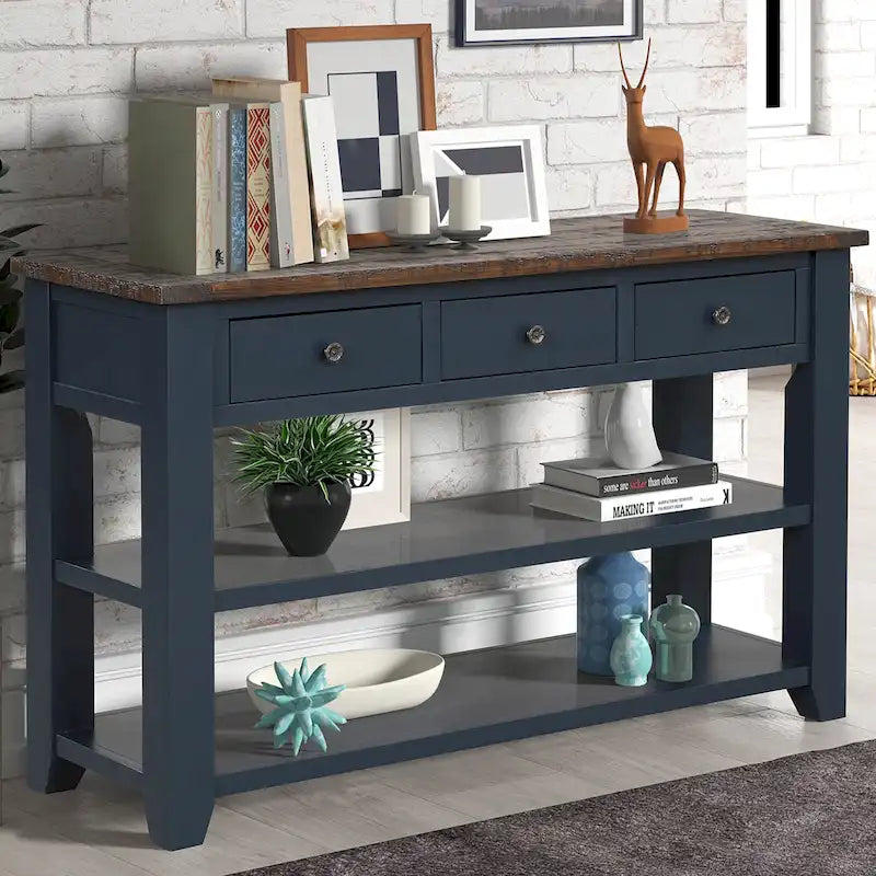 Modern Solid Pine Wood Top Console Table with 3 Drawers and 2 Shelves