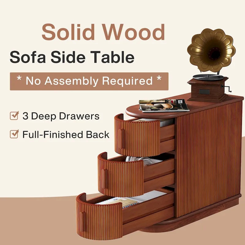 Semi-oval 3-drawer Solid Wood End Side Table for Living Room