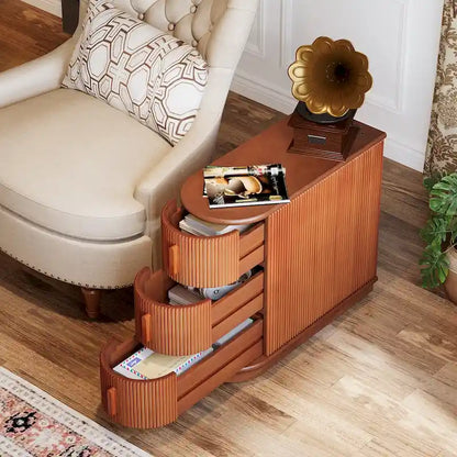 Semi-oval 3-drawer Solid Wood End Side Table for Living Room
