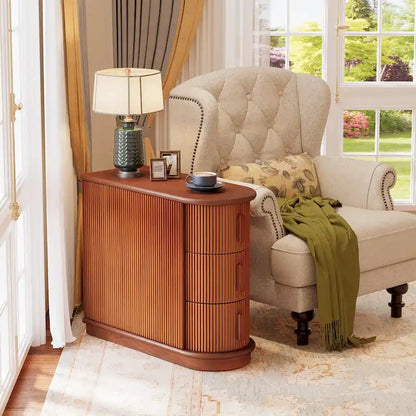 Semi-oval 3-drawer Solid Wood End Side Table for Living Room
