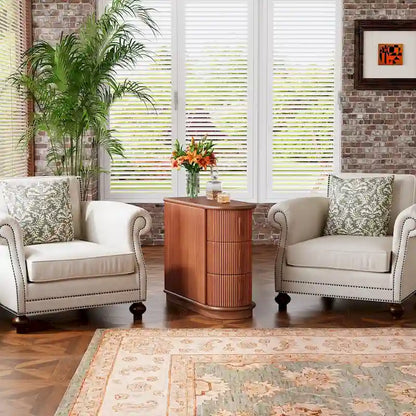 Semi-oval 3-drawer Solid Wood End Side Table for Living Room
