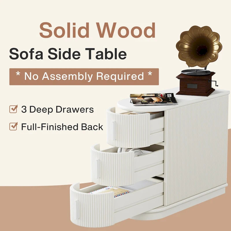Semi-oval 3-drawer Solid Wood End Side Table for Living Room
