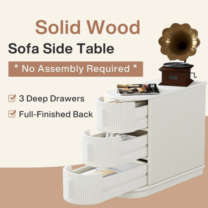 Semi-oval 3-drawer Solid Wood End Side Table for Living Room