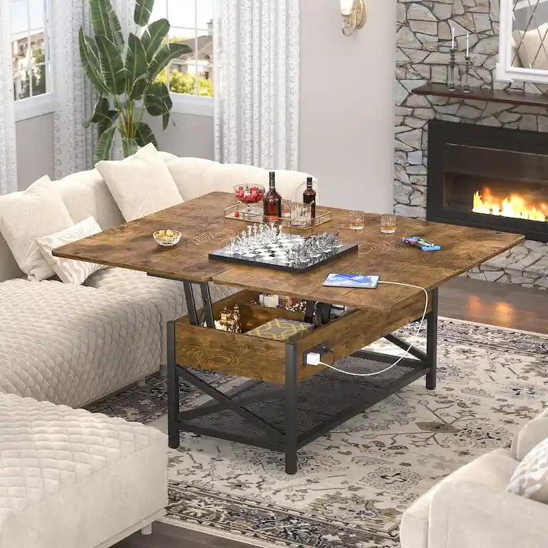 Expandable Lift Top Coffee Table Converts to Dining Table with LED Light and Power Outlet - 39 in. W X 41.73 in. L X 26.6 in. H