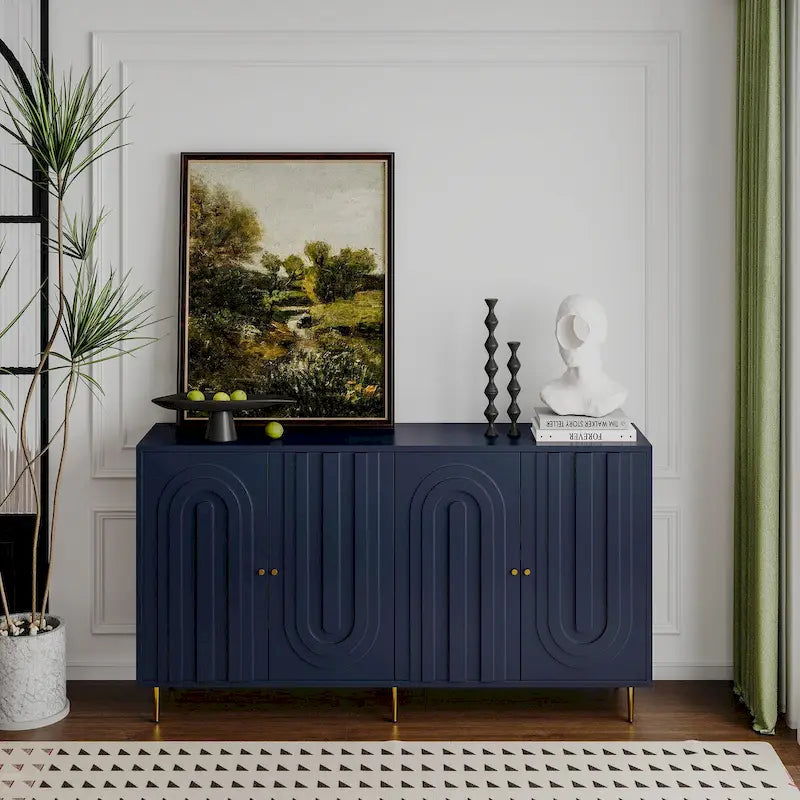 60-in Modern Blue/ Grey Lacquered 4 Door Wooden Sideboard Buffet Server Accent Storage Cabinet