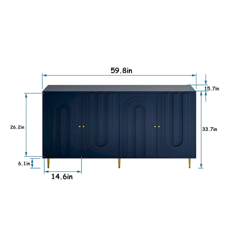 60-in Modern Blue/ Grey Lacquered 4 Door Wooden Sideboard Buffet Server Accent Storage Cabinet