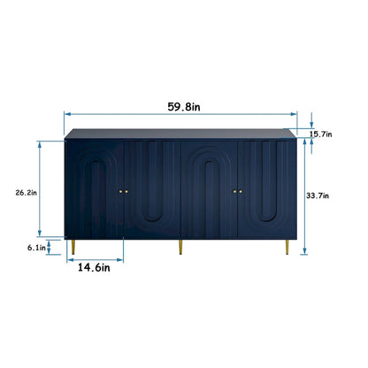 60-in Modern Blue/ Grey Lacquered 4 Door Wooden Sideboard Buffet Server Accent Storage Cabinet