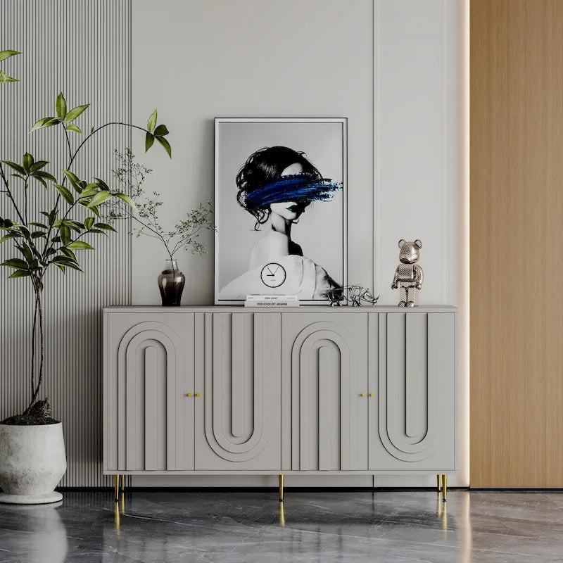 60-in Modern Blue/ Grey Lacquered 4 Door Wooden Sideboard Buffet Server Accent Storage Cabinet