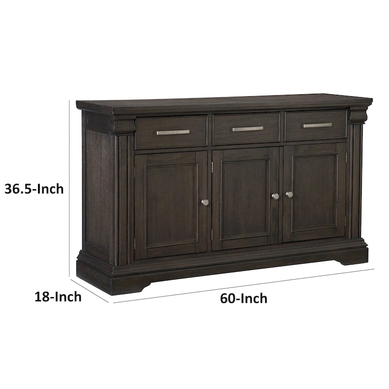 Ruth 60 Inch Sideboard Server Buffet, 3 Drawer 3 Cabinet, Rustic Brown Wood