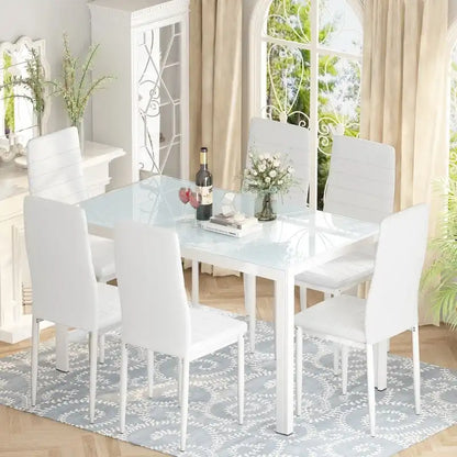 Grondin Modern Style 7-Piece Dining Room Table Set with Tempered Glass Tabletop and 6 PU Leather Upholstered Chairs