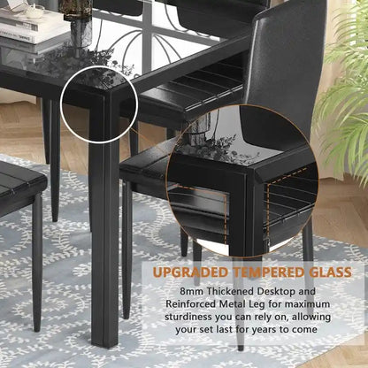Grondin Modern Style 7-Piece Dining Room Table Set with Tempered Glass Tabletop and 6 PU Leather Upholstered Chairs