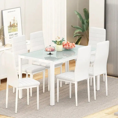 Grondin Modern Style 7-Piece Dining Room Table Set with Tempered Glass Tabletop and 6 PU Leather Upholstered Chairs