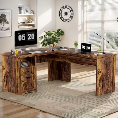 Modern Farmhouse Lift Top L-Shaped Desk with Charge Station, Corner Desk with File Drawers for Home Office