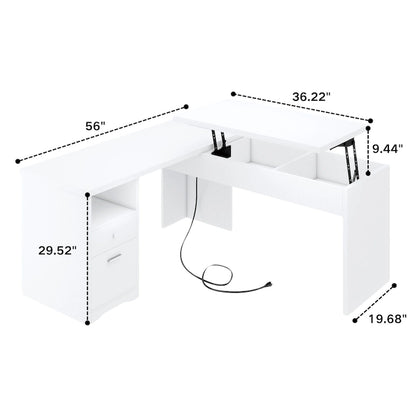 Modern Farmhouse Lift Top L-Shaped Desk with Charge Station, Corner Desk with File Drawers for Home Office