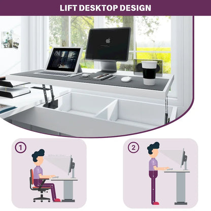 Modern Farmhouse Lift Top L-Shaped Desk with Charge Station, Corner Desk with File Drawers for Home Office