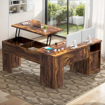 Modern Farmhouse Lift Top L-Shaped Desk with Charge Station, Corner Desk with File Drawers for Home Office