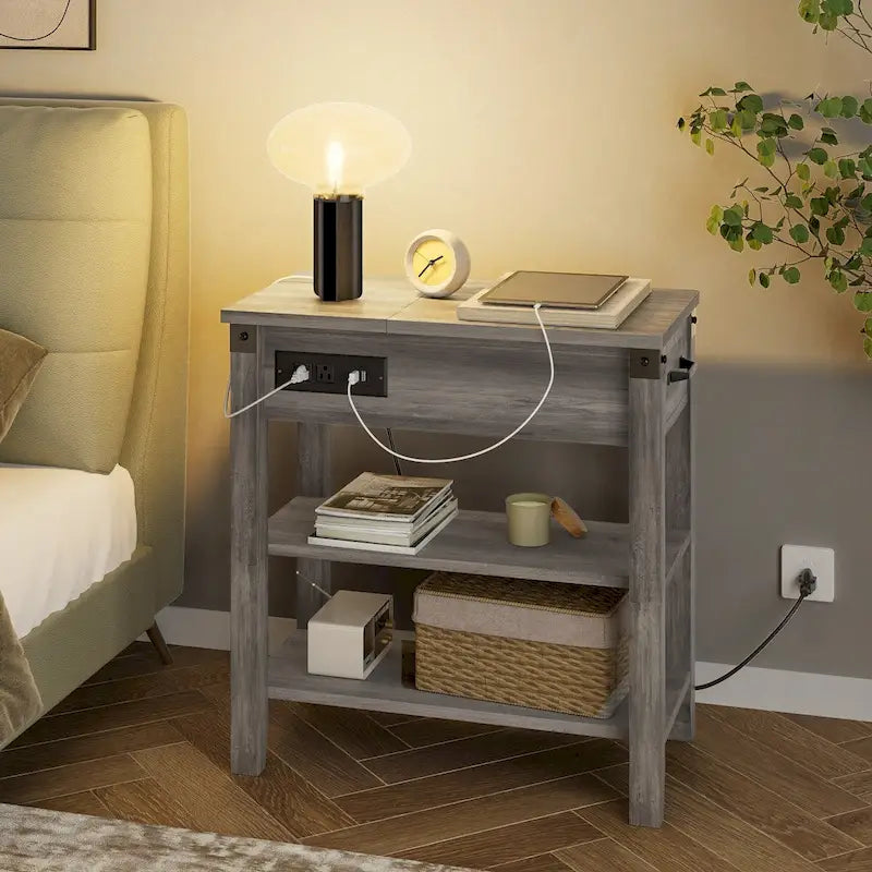 Farmhouse Narrow Side Table with Charging Station Drawer and Storage
