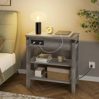 Farmhouse Narrow Side Table with Charging Station Drawer and Storage