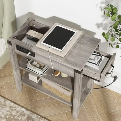 Farmhouse Narrow Side Table with Charging Station Drawer and Storage
